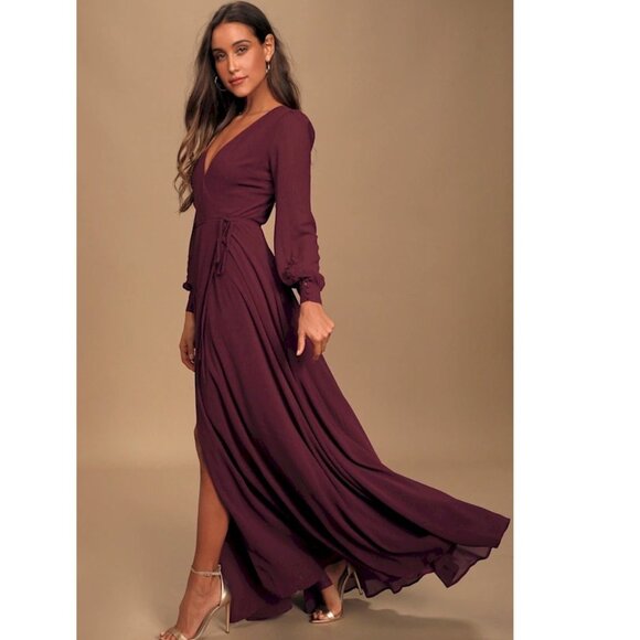 My Whole Heart Plum Long Sleeve LuLu's Wrap Dress Size Medium NWOT - Picture 3 of 5